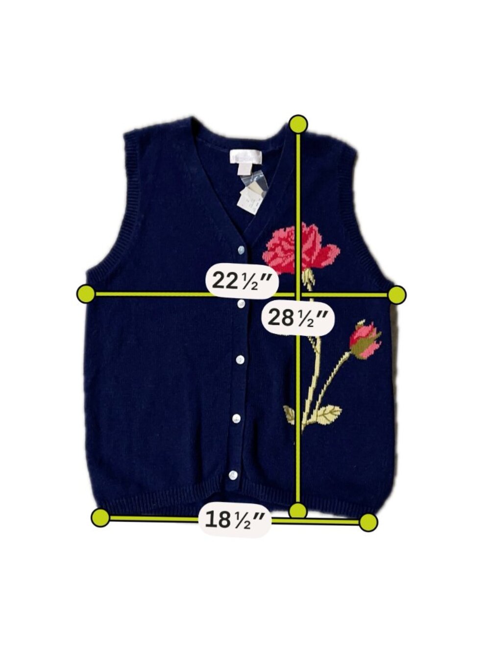 Vintage Navy Blue Sweater Vest Pink Rose Knit Button Front 1X Maggie Barnes - Picture 8 of 8